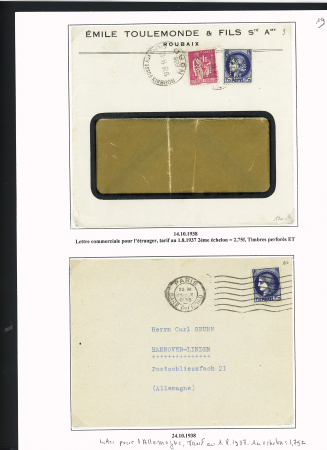 N°372 et 486, 15 lettres pour l'étranger dont poste aérienne et n°369 + 372 perforés sur lettre à en-tête Emile Toulemonde et fils Roubaix". TB