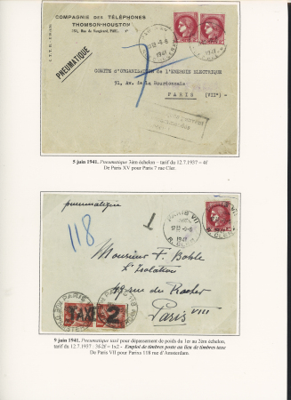 N°373 OBL Paris XV rue D'Alleray (1941) sur pneumatique du 3ème échelon et n°373 OBL Paris VIII R. Clery (1941) sur pneu taxé avec n°433, 1F Iris, 2 pièces, surchargées "taxe 2" utilisées comme timbre-taxe, joli