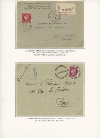Bon lot de 18 plis à base du n°373 dont carte lettre recommandée 1F Pétain + n°373 annulés "AR" encadré, n°373 en paire OBL Annecy (1939) sur lettre par avion pour Haïphong, n°373 OBL Toulon (1941) sur lettre a