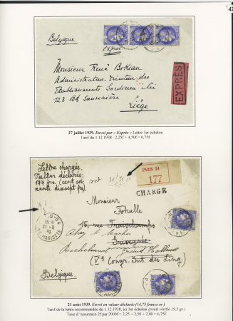 8 lettres à base des n°374, 2F25 Outremer en n°487 dont n°374 en bande de 3 sur lettre pour Liège avec étiquette rose "Expres". TB