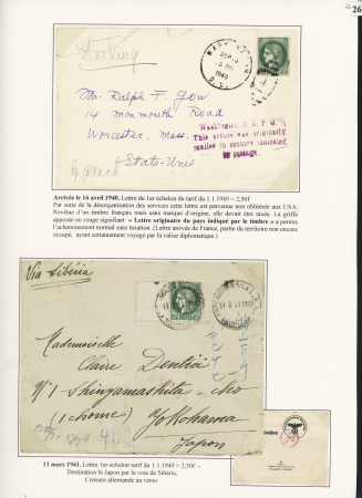 2 lettres AFF n°375, 2F50 vert : n°374 OBL duplex Washington DC (sept 1940) sur lettre par valise diplomatique et n°374 OBL horoplan "Entraigues s/ la Sorgue Vaucluse (1941) sur lettre pour le Japon avec censure allem