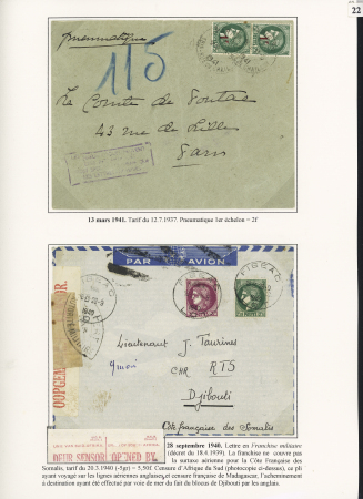 12 lettres à base des n°375 et 488 dont destinations (Cavalle Grèce), lettre taxée en Suisse, mixte de réexpédition avec timbre anglais. TB