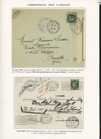 12 lettres à base des n°375 et 488 dont destinations (Cavalle Grèce), lettre taxée en Suisse, mixte de réexpédition avec timbre anglais. TB