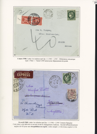 12 lettres à base des n°375 et 488 dont destinations (Cavalle Grèce), lettre taxée en Suisse, mixte de réexpédition avec timbre anglais. TB