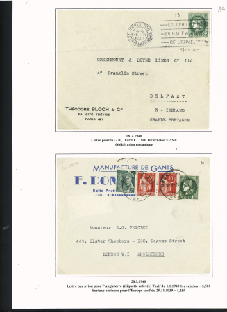 38 plis à base du n°375, 2F50 vert dont carte postale par avion pour Saïgon (1939), lettres par avion pour Nouméa et pour Batavia (Indes néerlandaises), perforés Emile Toulemonde (Roubaix). TB