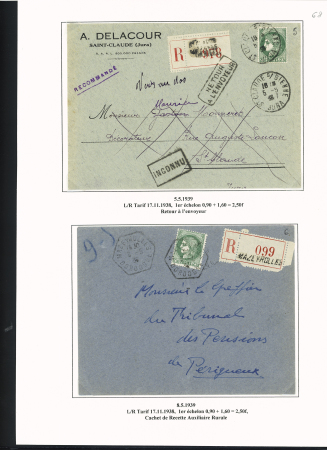 38 plis à base du n°375, 2F50 vert dont carte postale par avion pour Saïgon (1939), lettres par avion pour Nouméa et pour Batavia (Indes néerlandaises), perforés Emile Toulemonde (Roubaix). TB
