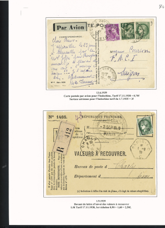38 plis à base du n°375, 2F50 vert dont carte postale par avion pour Saïgon (1939), lettres par avion pour Nouméa et pour Batavia (Indes néerlandaises), perforés Emile Toulemonde (Roubaix). TB