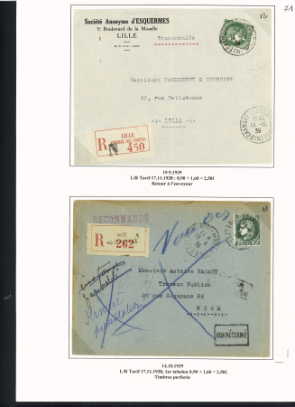 38 plis à base du n°375, 2F50 vert dont carte postale par avion pour Saïgon (1939), lettres par avion pour Nouméa et pour Batavia (Indes néerlandaises), perforés Emile Toulemonde (Roubaix). TB