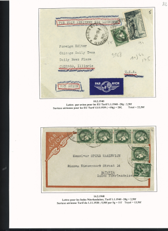 38 plis à base du n°375, 2F50 vert dont carte postale par avion pour Saïgon (1939), lettres par avion pour Nouméa et pour Batavia (Indes néerlandaises), perforés Emile Toulemonde (Roubaix). TB