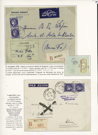 16 plis à base du n°375A, 2F50 Outremer dont paire sur lettre recommandée avion pour le Liban (9.8.41) avec griffe "retour à l'envoyeur relations postales interrompues" lettre pour Yokohama, multiples pour le Vénéz