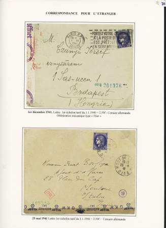 16 plis à base du n°375A, 2F50 Outremer dont paire sur lettre recommandée avion pour le Liban (9.8.41) avec griffe "retour à l'envoyeur relations postales interrompues" lettre pour Yokohama, multiples pour le Vénéz