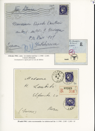 16 plis à base du n°375A, 2F50 Outremer dont paire sur lettre recommandée avion pour le Liban (9.8.41) avec griffe "retour à l'envoyeur relations postales interrompues" lettre pour Yokohama, multiples pour le Vénéz