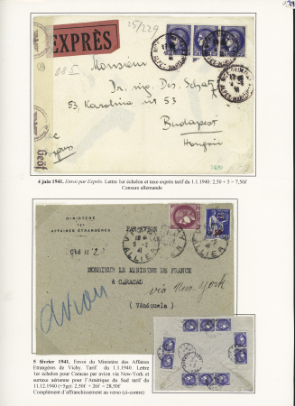 16 plis à base du n°375A, 2F50 Outremer dont paire sur lettre recommandée avion pour le Liban (9.8.41) avec griffe "retour à l'envoyeur relations postales interrompues" lettre pour Yokohama, multiples pour le Vénéz