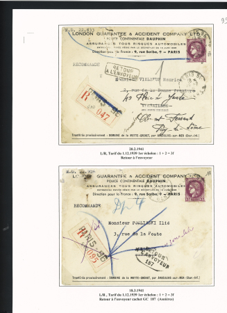 39 plis à base du n°376 dont destinations (Indochine, Nouvelle-Calédonie dont 1 lettre pour Saïgon 1941 saisie puis libérée en 1946), la Martinique (vers porte-avions Béarn). Beau lot