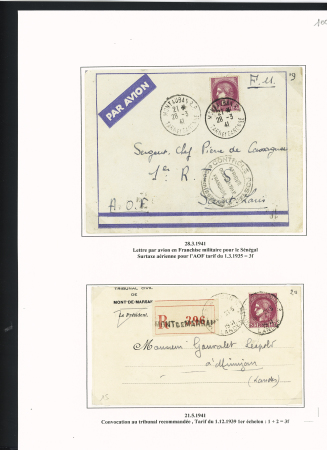 39 plis à base du n°376 dont destinations (Indochine, Nouvelle-Calédonie dont 1 lettre pour Saïgon 1941 saisie puis libérée en 1946), la Martinique (vers porte-avions Béarn). Beau lot