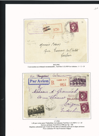 39 plis à base du n°376 dont destinations (Indochine, Nouvelle-Calédonie dont 1 lettre pour Saïgon 1941 saisie puis libérée en 1946), la Martinique (vers porte-avions Béarn). Beau lot