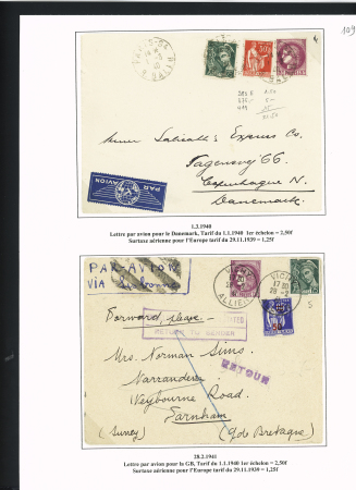 39 plis à base du n°376 dont destinations (Indochine, Nouvelle-Calédonie dont 1 lettre pour Saïgon 1941 saisie puis libérée en 1946), la Martinique (vers porte-avions Béarn). Beau lot