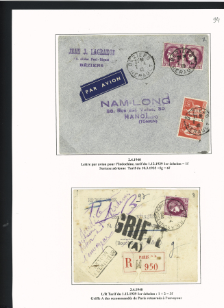 39 plis à base du n°376 dont destinations (Indochine, Nouvelle-Calédonie dont 1 lettre pour Saïgon 1941 saisie puis libérée en 1946), la Martinique (vers porte-avions Béarn). Beau lot