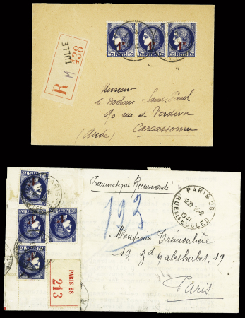 N°486, bande de 3 OBL Tulle (1941) sur lettre recommandée et n°486, 4 pièces OBL Paris 28 rue des Ecoles (1941) sur pneumatique recommandé. Rare et TB