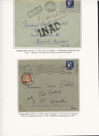 11 plis à base du n°486, 1F sur 1F75 bleu dont lettres pour l'étranger taxées et destinations. TB