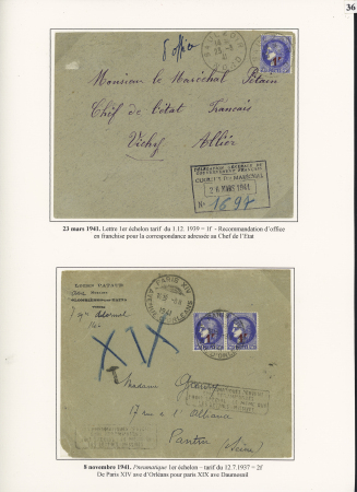 10 plis à base du n°487, 1F sur 2F25 Outremer dont 1 lettre recommandée d'office pour le Maréchal Pétain et 1 mixte de réexpédition France - Grande-Bretagne. TB