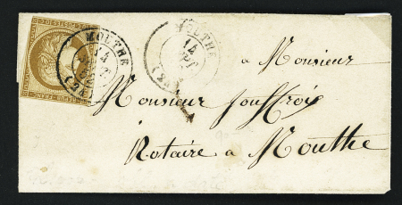 N°1, 10c bistre-jaune OBL CAD T15 "Mouthe (24)" (14 sept 52) répété à coté sur une petite lettre de Mouthe pour Mouthe (rare annulation à l'aide du timbre à date au lieu du PC 2190 usuellement employé). TB