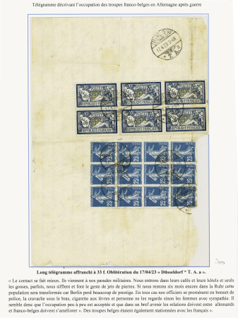 N°140, bloc de 12 + n°123, 5F Merson, bloc de 6 OBL CAD télégraphique allemand "Dusseldorf TA a" (1923) sur long télégramme pendant l'occupation française en Allemagne (texte intéressant sur l'attitude des Allema