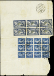 N°140, bloc de 12 + n°123, 5F Merson, bloc de 6 OBL CAD télégraphique allemand "Dusseldorf TA a" (1923) sur long télégramme pendant l'occupation française en Allemagne (texte intéressant sur l'attitude des Allema