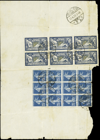 N°140, bloc de 12 + n°123, 5F Merson, bloc de 6 OBL CAD télégraphique allemand "Dusseldorf TA a" (1923) sur long télégramme pendant l'occupation française en Allemagne (texte intéressant sur l'attitude des Allema