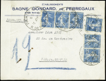 N°140, 6 pièces sur pneu du 1er échelon à 75c avec avis de remise à 75c (dec 1924). Rare et TB
