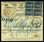 N°140, 11 pièces + n°130 OBL Forbach Moselle (1921) sur bulletin de colis postal pour Elberfeld (Allemagne) avec cachet des douanes allemandes. TB