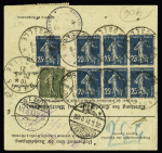 N°140, 11 pièces + n°130 OBL Forbach Moselle (1921) sur bulletin de colis postal pour Elberfeld (Allemagne) avec cachet des douanes allemandes. TB