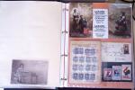 Album vert foncé : la guerre 1914 - 1918 contenant une médaille militaire, 21 CP patriotiques, 17 vignettes livret d'infirmière de l'hopital auxiliaire 101 de Troyes, 3 boutons militaires, 2 rares cartes postales de f