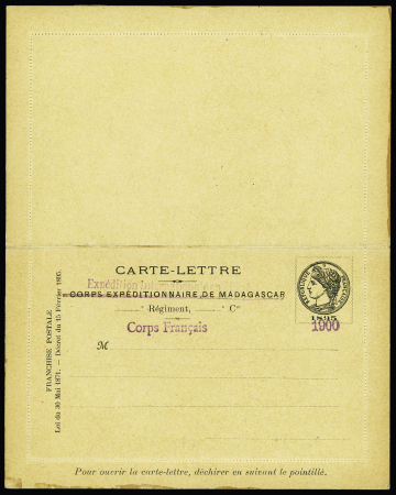 Carte-Lettre "Corps expéditionnaire de Madagascar 1895" surchargée en violet "Expédition Internationale en Chine Corps Français 1900", R, TB