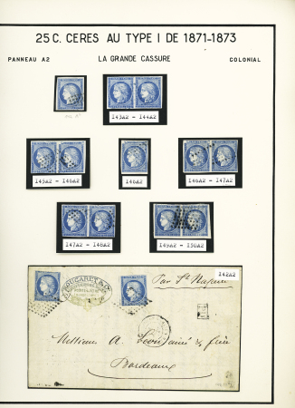 1871-73 Colonies 25c bleu, ensemble spécialisé sur