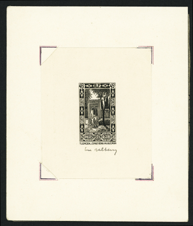 N°111 45c Cimetière de Tlemcen, Epreuve en noir signé Feltesse, monté en passe-partout avec rabat , TB
