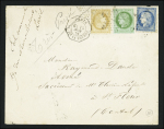 N°53 + 59 + 60 OBL étoile 1 + CAD octogonal "Paris Pl de la Bourse E1" (1872) sur lettre, ind 15. TB