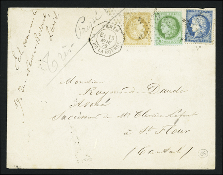 N°53 + 59 + 60 OBL étoile 1 + CAD octogonal "Paris Pl de la Bourse E1" (1872) sur lettre, ind 15. TB