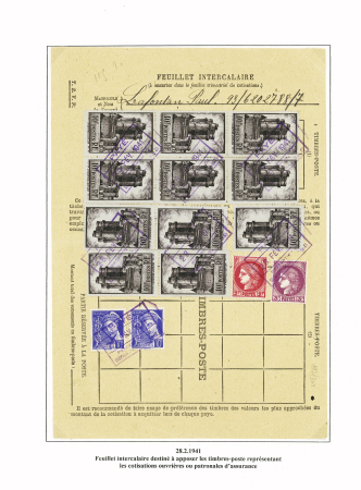 N°373 + 376 + 407, 2 pièces + 393, 10F Vincennes, 11 pièces sur feuillet de cotisation des assurances sociales du Pas de Calais. TB