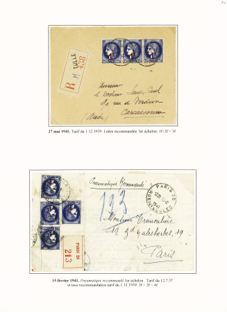 N°486, bande de 3 OBL Tulle (1941) sur lettre recommandée et n°486, 4 pièces OBL Paris 28 rue des Ecoles (1941) sur pneumatique recommandé. Rare et TB