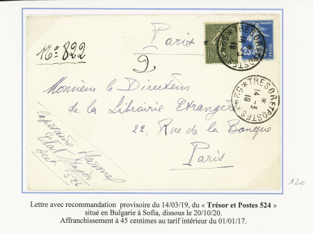 N°130 + 140 OBL CAD "Tresor et postes *524* (1919) - Sofia Bulgarie) sur lettre avec griffe de recommandation manuscrite. Rare et TB