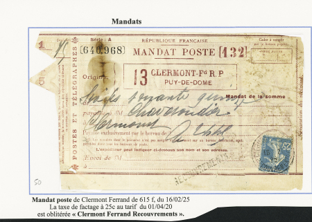 N°140 OBL CAD "Clermont-Ferrand Recouvrements" (1925) sur mandat-poste de 615F (taxe de factage à 25c selon tarif du 1.4.1920). TB