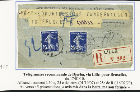 N°140, 2 pièces OBL Lille (1910) sur télégramme recommandé en provenance de Djerba (Tunisie) pour Bruxelles. TB