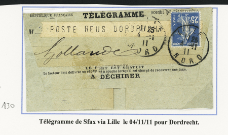 N°140 OBL Lille (1911) sur télégramme en provenance de Stax (Tunisie) pour Dordrecht (Pays-Bas). TB