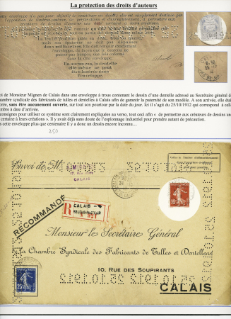 N°138 + 140 OBL Calais (1912) sur grande enveloppe à trous contenant le dessin d'une dentelle adressé au Secrétaire général de la chambre syndicale des fabriquants de tulles et dentelles à Calais afin de garantir 