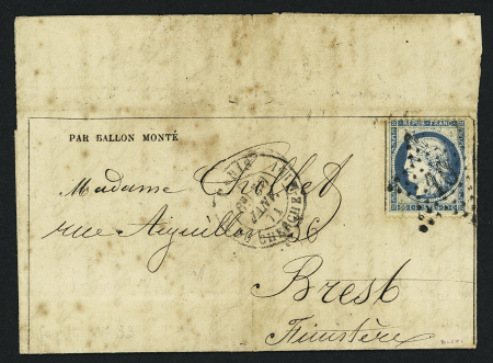 N°37 OBL étoile 10 + CAD "Paris R. du Cherche-Midi" (30 janv 71) sur Gazette des Absents n°33 (après la fin du Siège) pour Brest (Finistère). TB