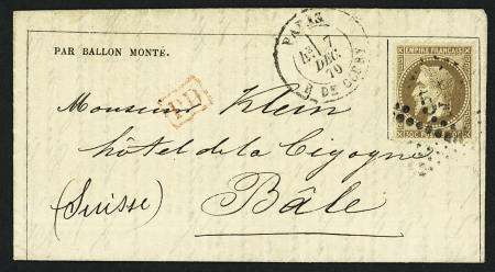 N°30 (n'appartient pas à la lettre) sur Gazette des Absents n°14 postée à Paris R. de Cléry (7 dec 70) pour Bâle, Suisse