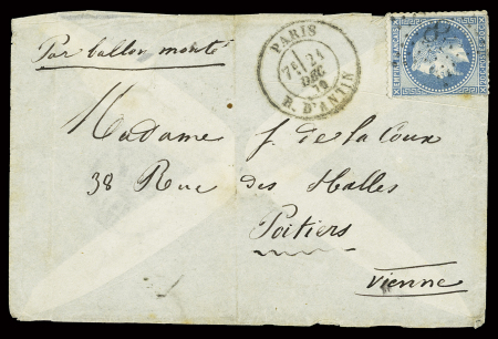 N°29 OBL étoile 8 + CAD "Paris R. d'Antin" (21 dec 1870) sur ballon monté pour Poitiers (Vienne), arrivée 26 dec (La Délivrance). TB