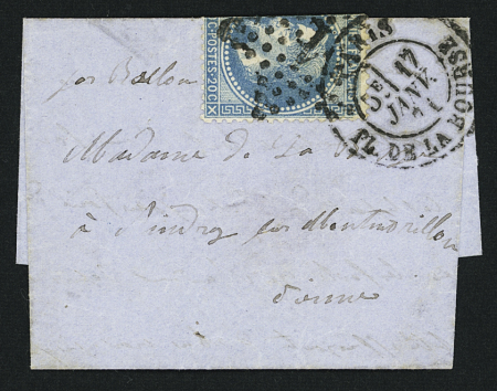 N°29, collé à cheval, OBL étoile 1 + CAD "Paris PL. de la Bourse" (17 janv 71) sur un petit ballon monté pour Montmorillon (Vienne) (La Poste de Paris ou le Général Bourbaki). B/TB
