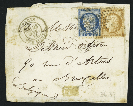 N°36 + 37 OBL  étoile 23 + CAD "Paris rue Aligre" (23 janv 71) sur ballon monté pour Bruxelles (Le Torricelli). Quelques rousseurs